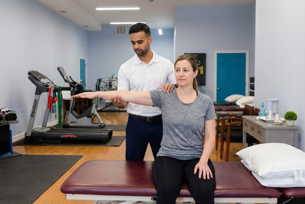 Patient working with a provider at a performance physical therapy clinic in Chicago