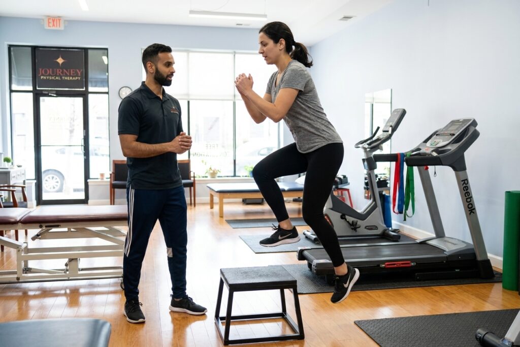 Patient working with a provider at a performance physical therapy clinic in Chicago, IL during a return-to-sport exercise progression